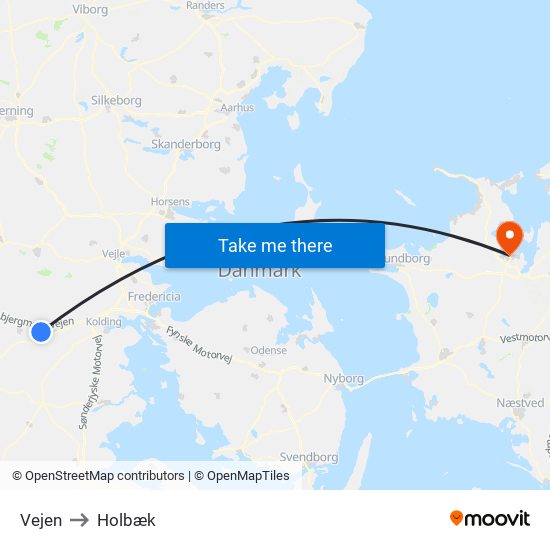 Vejen to Holbæk map