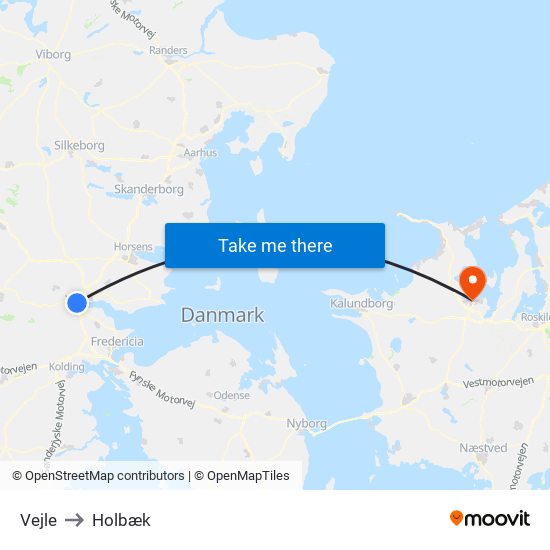 Vejle to Holbæk map