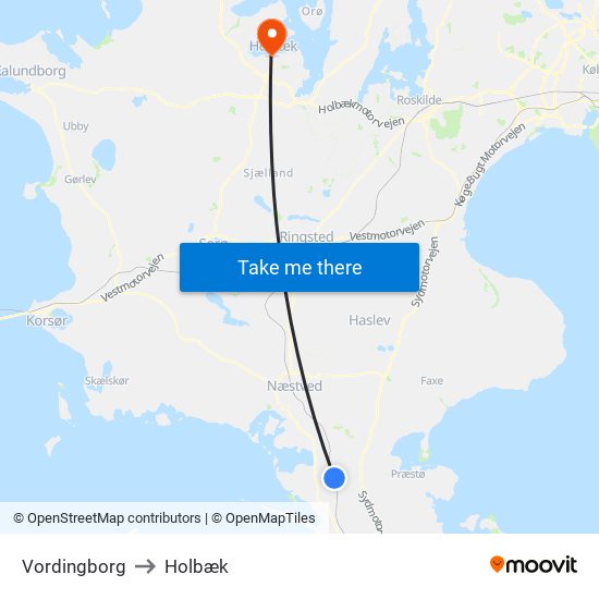 Vordingborg to Holbæk map