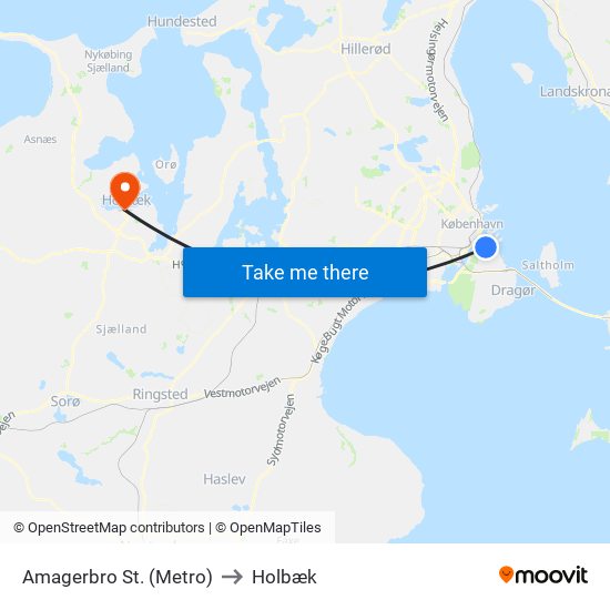 Amagerbro St. (Metro) to Holbæk map