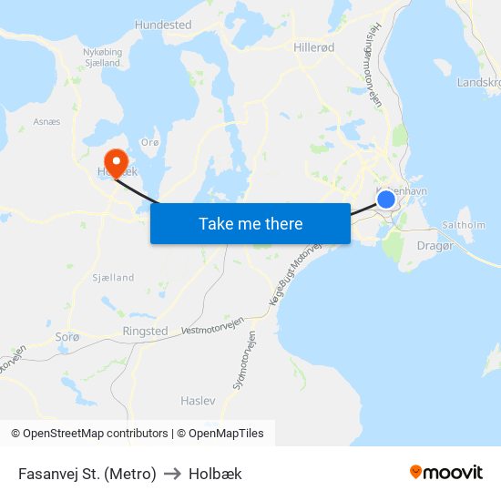 Fasanvej St. (Metro) to Holbæk map