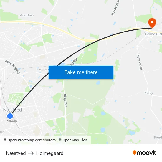 Næstved to Holmegaard map