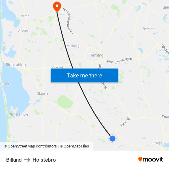 Billund to Holstebro map