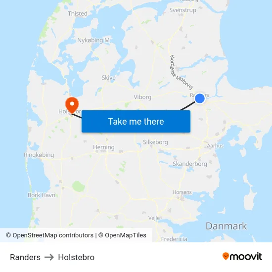 Randers to Holstebro map