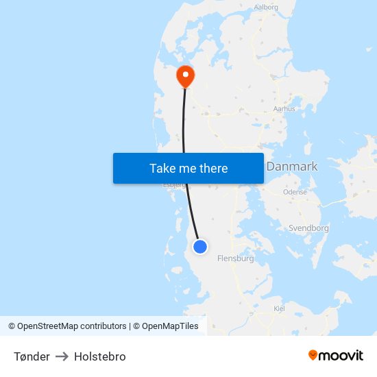 Tønder to Holstebro map