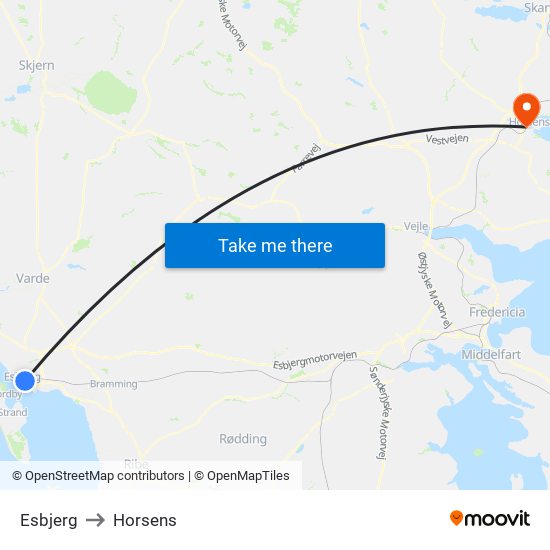 Esbjerg to Horsens map
