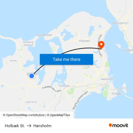 Holbæk St. to Hørsholm map