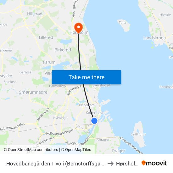 Hovedbanegården Tivoli (Bernstorffsgade) to Hørsholm map