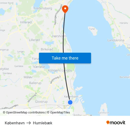 København to Humlebæk map