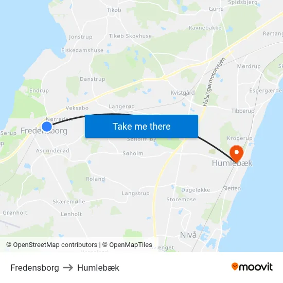 Fredensborg to Humlebæk map