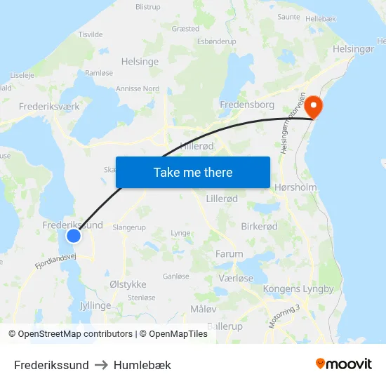 Frederikssund to Humlebæk map