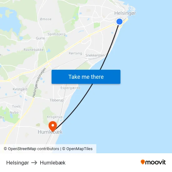 Helsingør to Humlebæk map