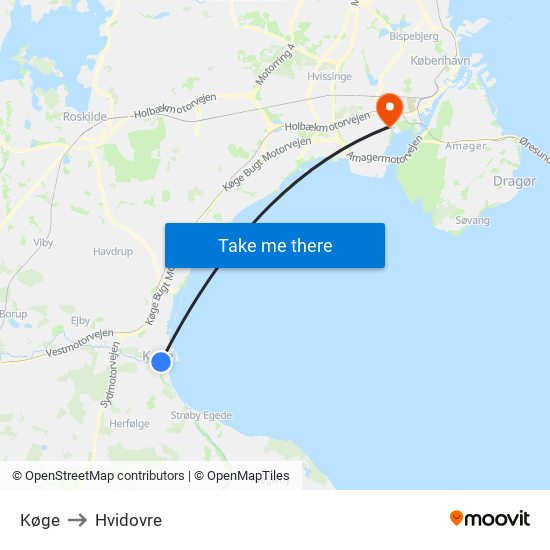 Køge to Hvidovre map