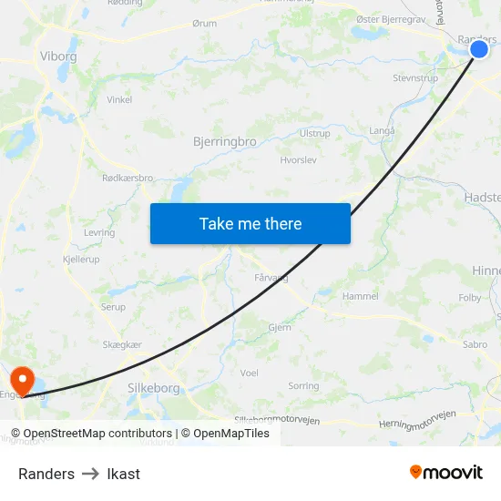 Randers to Ikast map