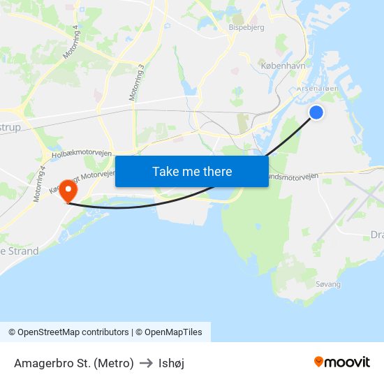 Amagerbro St. (Metro) to Ishøj map