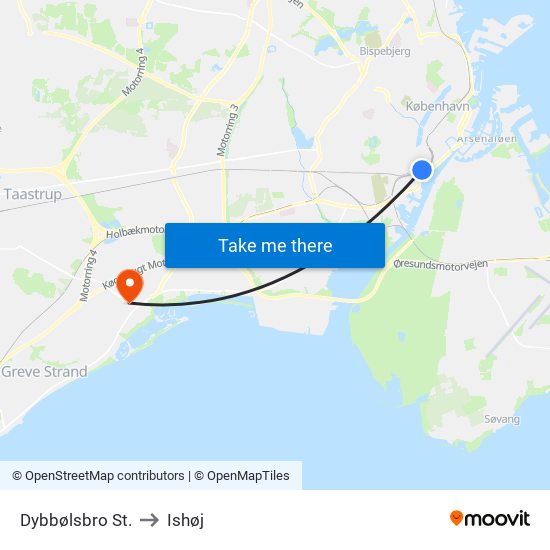 Dybbølsbro St. to Ishøj map