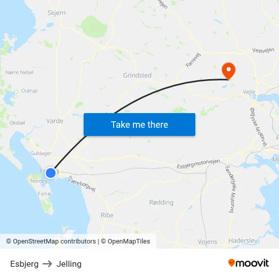 Esbjerg to Jelling map