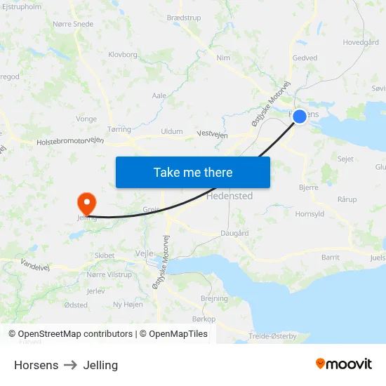 Horsens to Jelling map