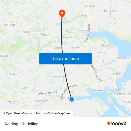 Kolding to Jelling map
