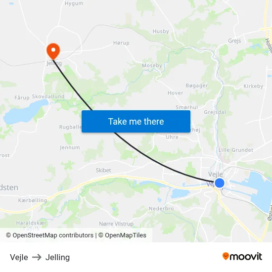 Vejle to Jelling map