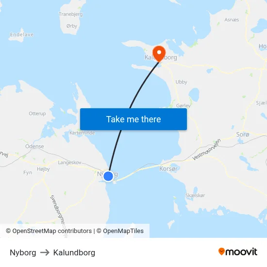 Nyborg to Kalundborg map