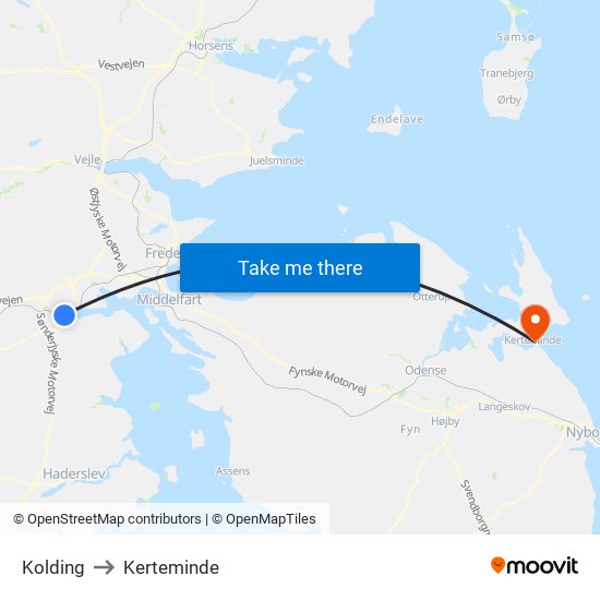 Kolding to Kerteminde map