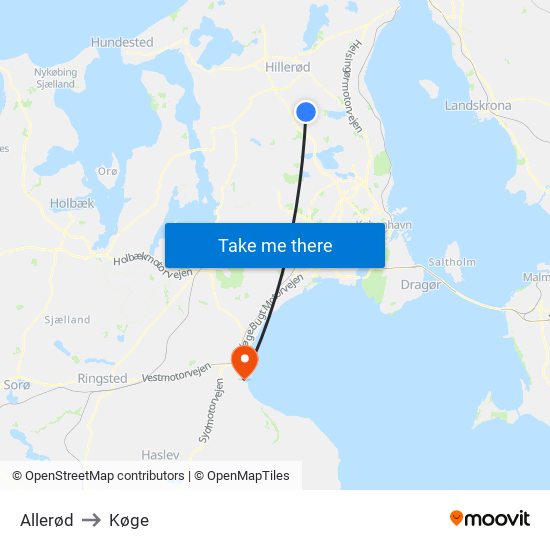 Allerød to Køge map