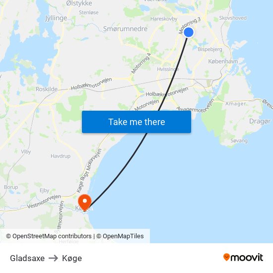 Gladsaxe to Køge map