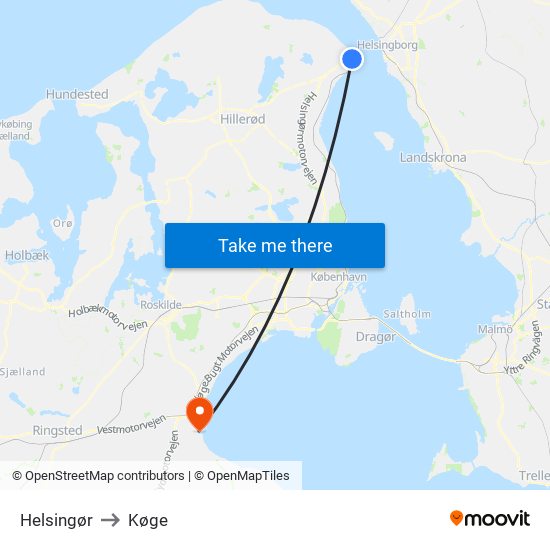 Helsingør to Køge map