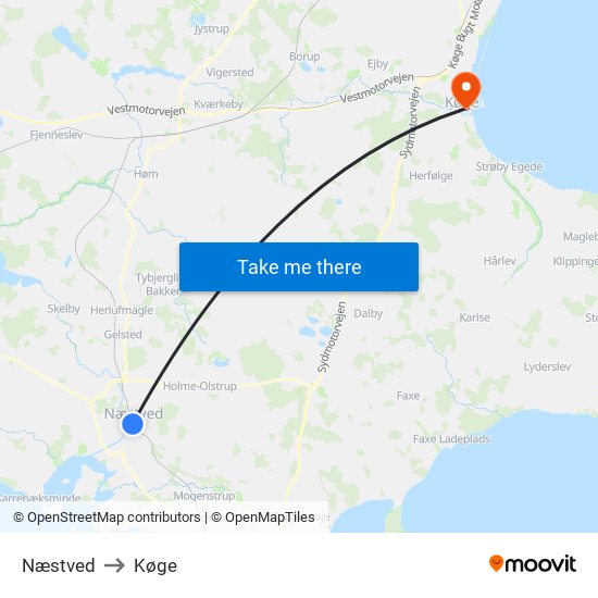 Næstved to Køge map