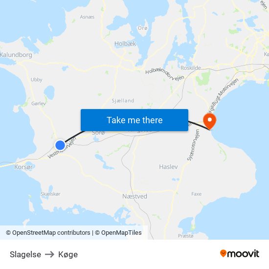 Slagelse to Køge map