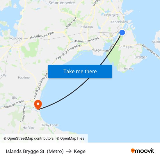 Islands Brygge St. (Metro) to Køge map
