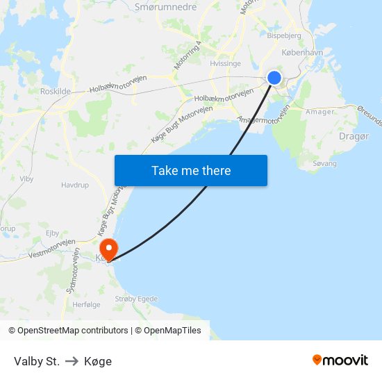 Valby St. to Køge map