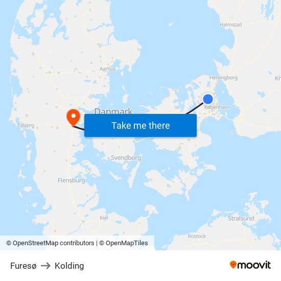 Furesø to Kolding map