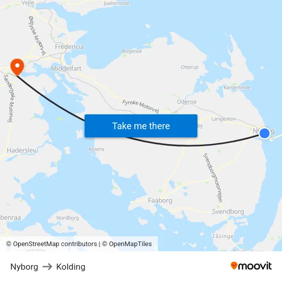 Nyborg to Kolding map