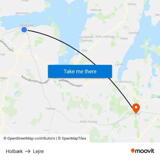 Holbæk to Lejre map