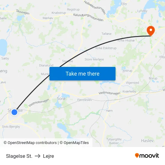 Slagelse St. to Lejre map