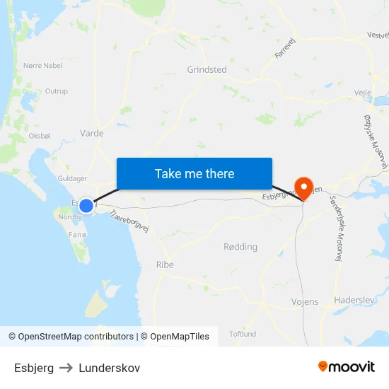 Esbjerg to Lunderskov map