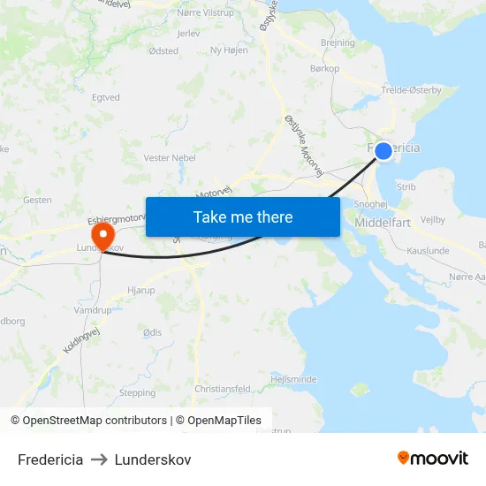 Fredericia to Lunderskov map