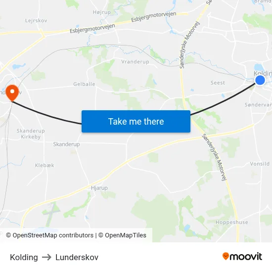 Kolding to Lunderskov map