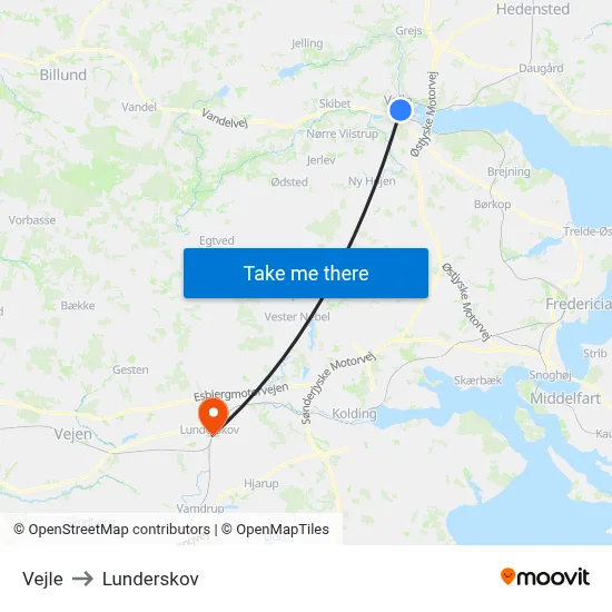 Vejle to Lunderskov map