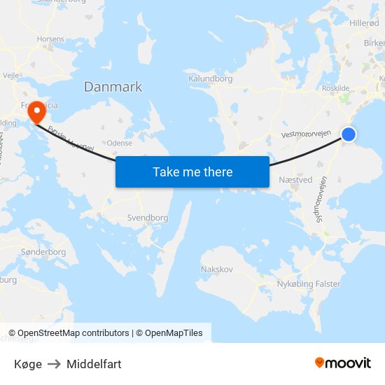 Køge to Middelfart map