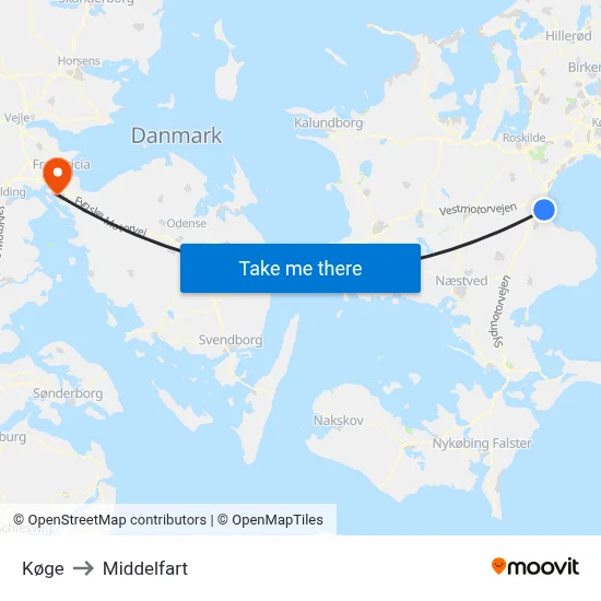 Køge to Middelfart map