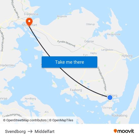 Svendborg to Middelfart map