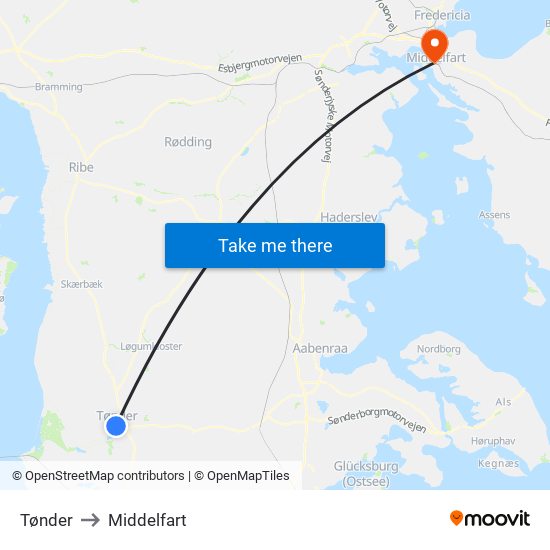 Tønder to Middelfart map