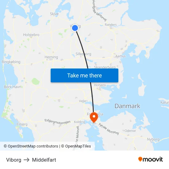 Viborg to Middelfart map