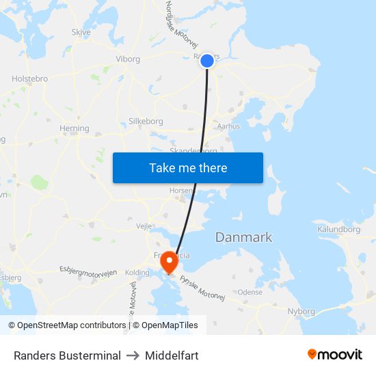 Randers Busterminal to Middelfart map