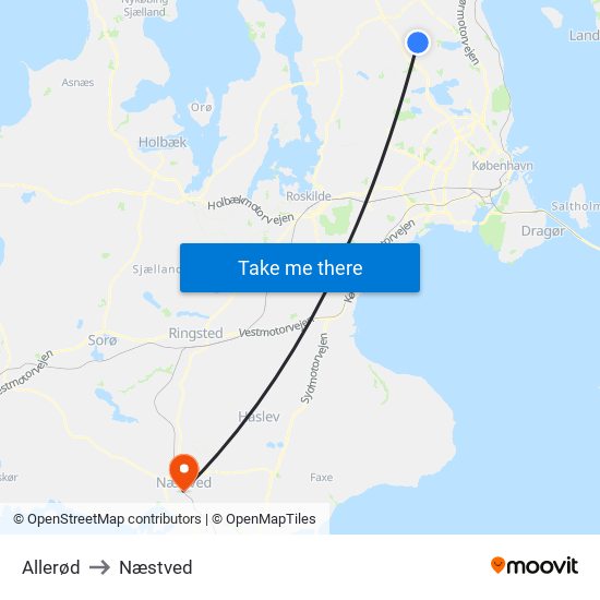 Allerød to Næstved map