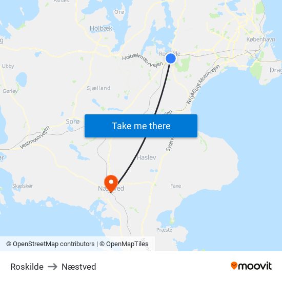 Roskilde to Næstved map