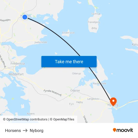 Horsens to Nyborg map